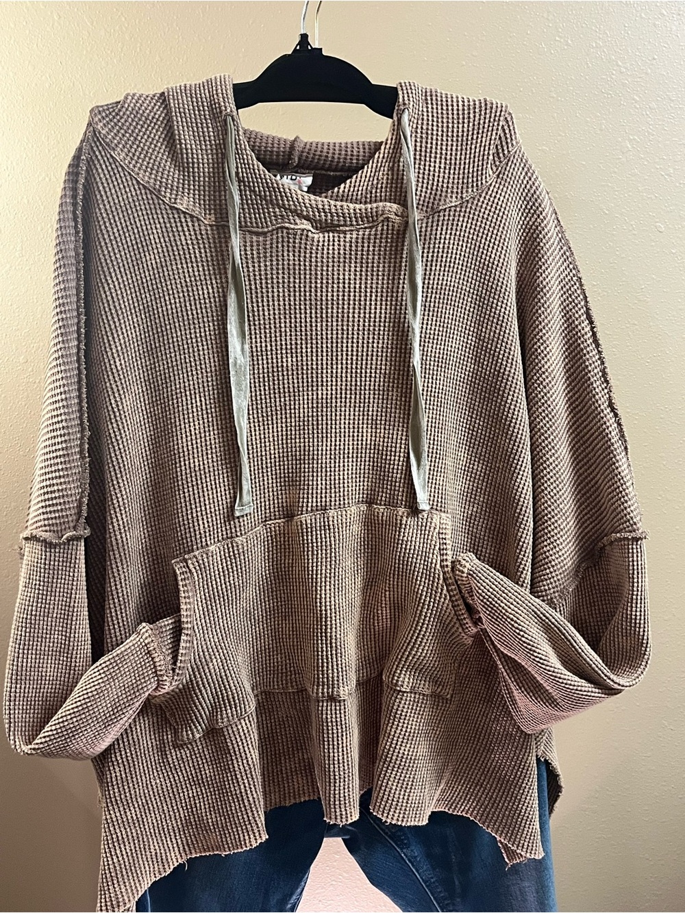 NWOT BiBi Cozy Waffle-Knit Hooded Sweater in Taupe